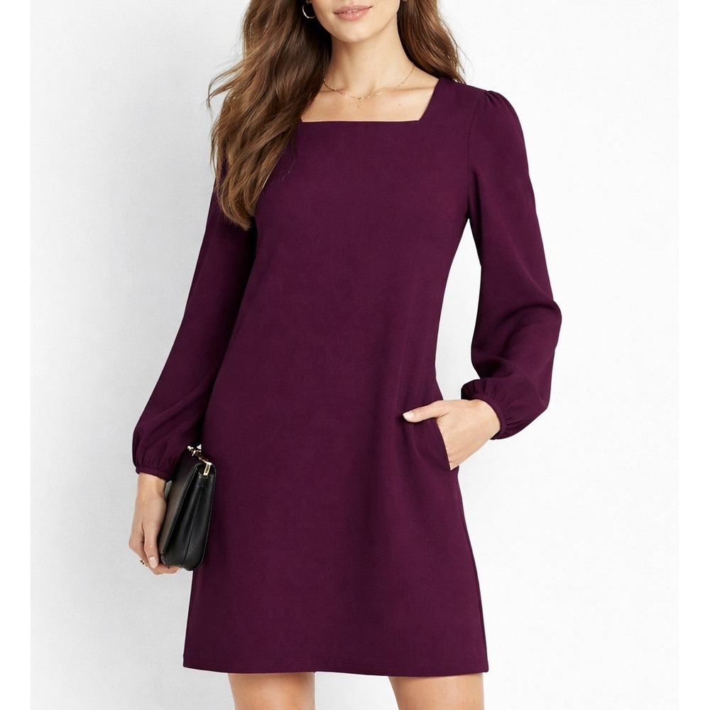 Ann Taylor Plum Square Neck Shift Dress Long Sleeve Career Office Size 4
